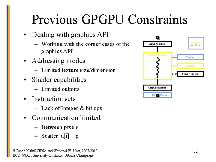 Previous GPGPU Constraints • Dealing with graphics API – Working with the corner cases