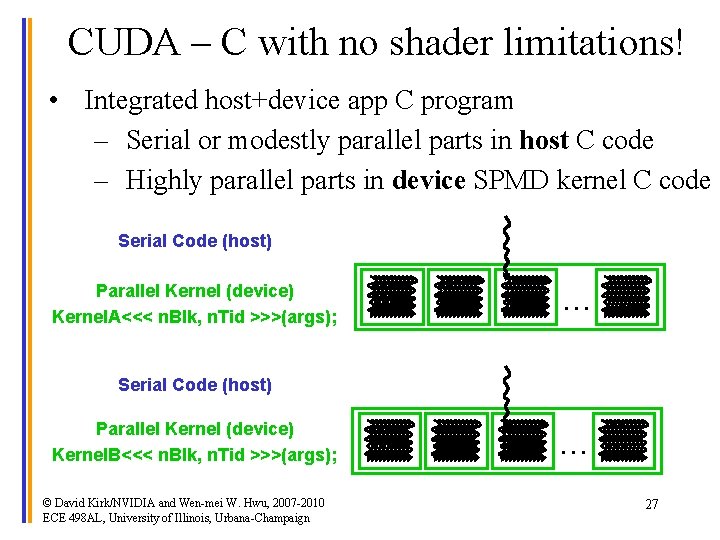 CUDA – C with no shader limitations! • Integrated host+device app C program –