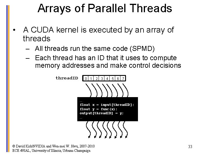 Arrays of Parallel Threads • A CUDA kernel is executed by an array of