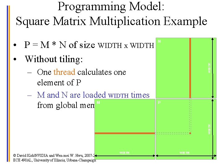 Programming Model: Square Matrix Multiplication Example P WIDTH – One thread calculates one element