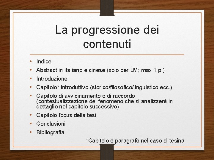 La progressione dei contenuti • • • Indice Abstract in italiano e cinese (solo La progressione dei contenuti • • • Indice Abstract in italiano e cinese (solo