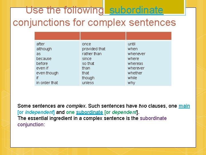 Use the following subordinate conjunctions for complex sentences after although as because before even