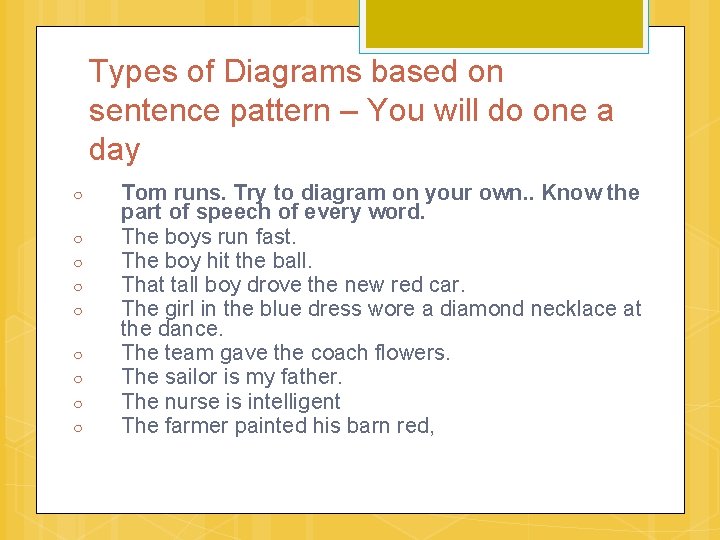 Types of Diagrams based on sentence pattern – You will do one a day