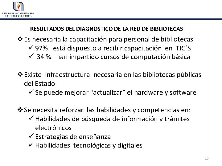 RESULTADOS DEL DIAGNÓSTICO DE LA RED DE BIBLIOTECAS v. Es necesaria la capacitación para