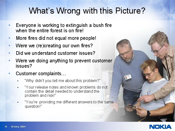 What’s Wrong with this Picture? 10 • Everyone is working to extinguish a bush