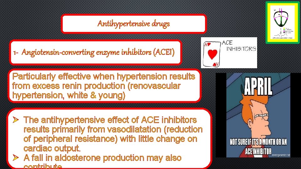 Antihypertensive drugs 1 - Angiotensin-converting enzyme inhibitors (ACEI) Particularly effective when hypertension results from