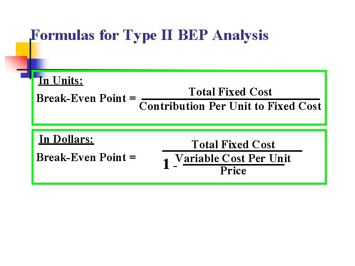 Formulas for Type II BEP Analysis In Units: Break-Even Point = In Dollars: Break-Even