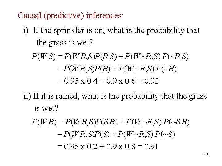 Causal (predictive) inferences: 15 i) If the sprinkler is on, what is the probability