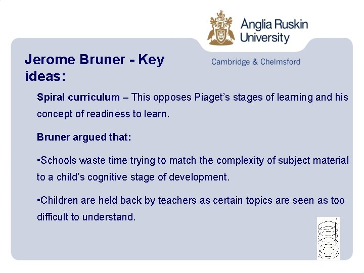 Jerome Bruner - Key ideas: Spiral curriculum – This opposes Piaget’s stages of learning