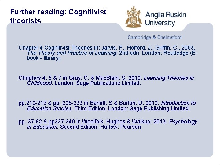 Further reading: Cognitivist theorists Chapter 4 Cognitivist Theories in: Jarvis, P. , Holford, J.