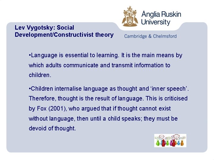 Lev Vygotsky: Social Development/Constructivist theory • Language is essential to learning. It is the