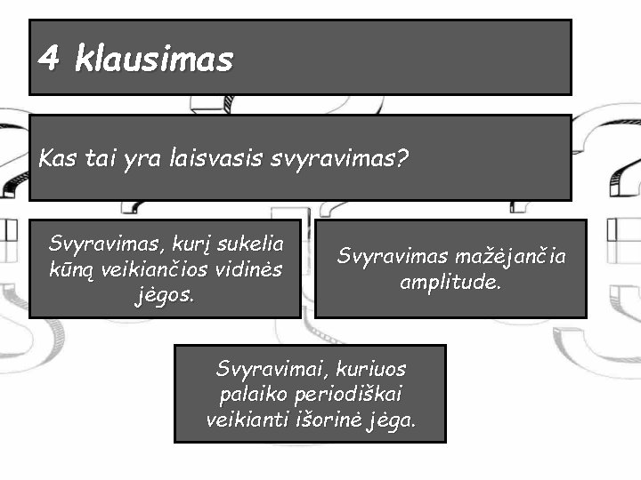 4 klausimas Kas tai yra laisvasis svyravimas? Svyravimas, kurį sukelia kūną veikiančios vidinės jėgos.