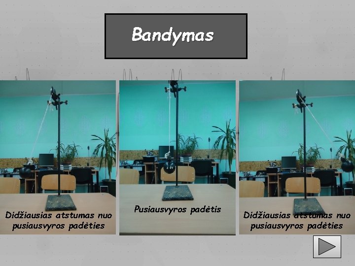 Bandymas Didžiausias atstumas nuo pusiausvyros padėties Pusiausvyros padėtis Didžiausias atstumas nuo pusiausvyros padėties 