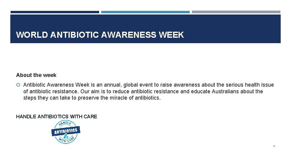 WORLD ANTIBIOTIC AWARENESS WEEK About the week Antibiotic Awareness Week is an annual, global