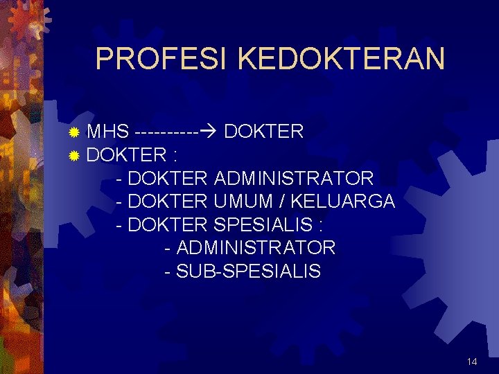 PROFESI KEDOKTERAN ® MHS ----- ® DOKTER : DOKTER - DOKTER ADMINISTRATOR - DOKTER