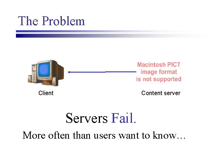 The Problem Client Content server Servers Fail. More often than users want to know…