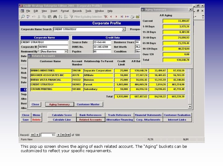 This pop up screen shows the aging of each related account. The “Aging” buckets