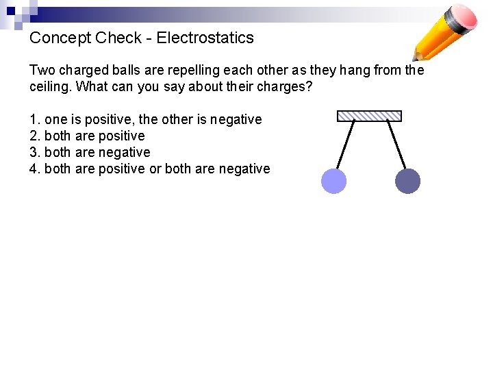 Concept Check - Electrostatics Two charged balls are repelling each other as they hang