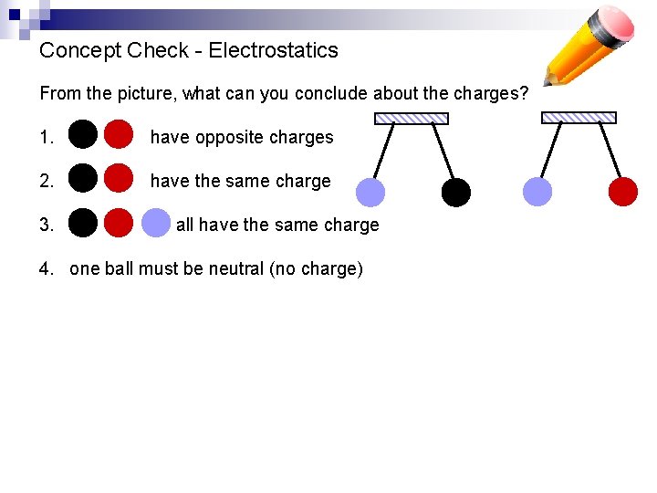 Concept Check - Electrostatics From the picture, what can you conclude about the charges?