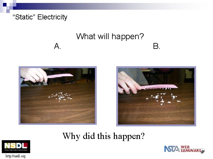 “Static” Electricity What will happen? A. B. Why did this happen? http: //nsdl. org