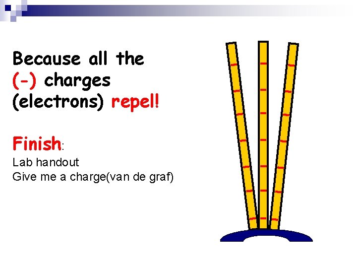 Because all the (-) charges (electrons) repel! Finish: Lab handout Give me a charge(van