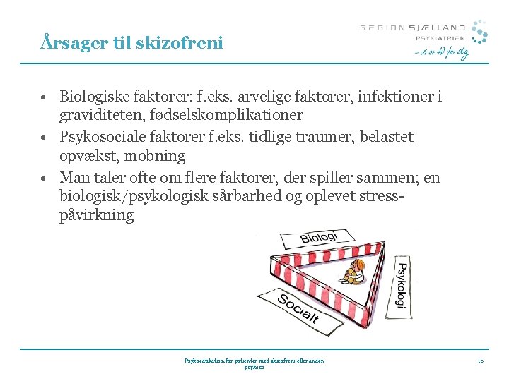 Årsager til skizofreni • Biologiske faktorer: f. eks. arvelige faktorer, infektioner i graviditeten, fødselskomplikationer