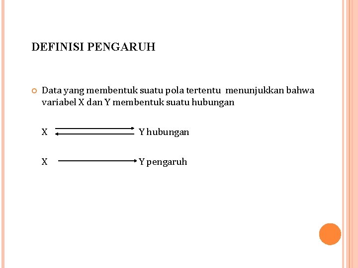 DEFINISI PENGARUH Data yang membentuk suatu pola tertentu menunjukkan bahwa variabel X dan Y