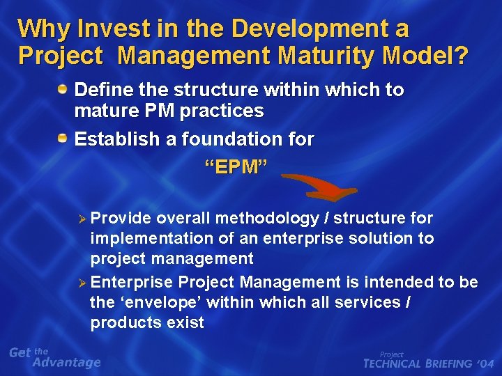 Why Invest in the Development a Project Management Maturity Model? Define the structure within Why Invest in the Development a Project Management Maturity Model? Define the structure within