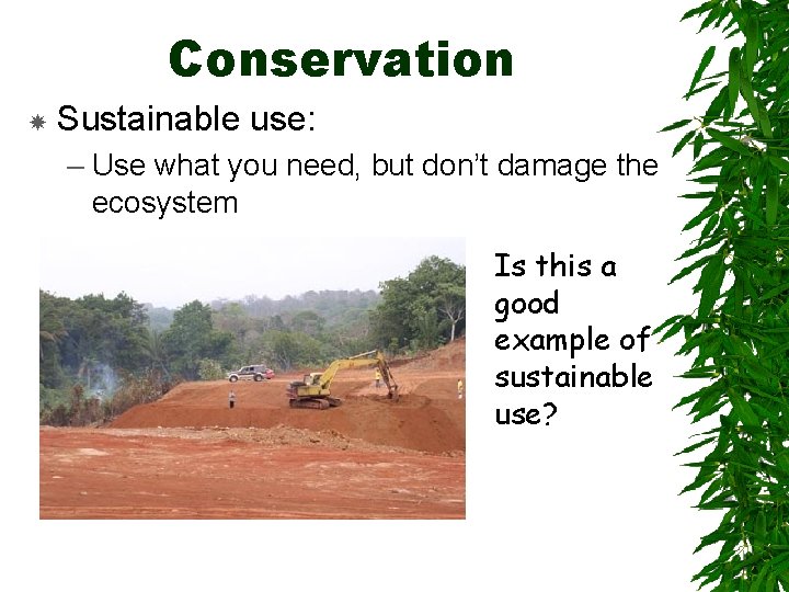 Conservation Sustainable use: – Use what you need, but don’t damage the ecosystem Is