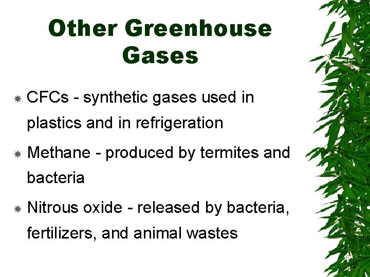 Other Greenhouse Gases CFCs - synthetic gases used in plastics and in refrigeration Methane