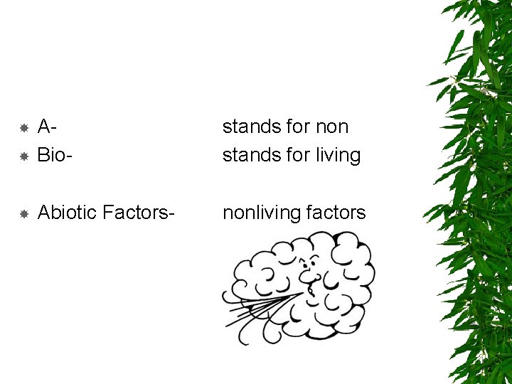  A- Bio- stands for non stands for living Abiotic Factors- nonliving factors 
