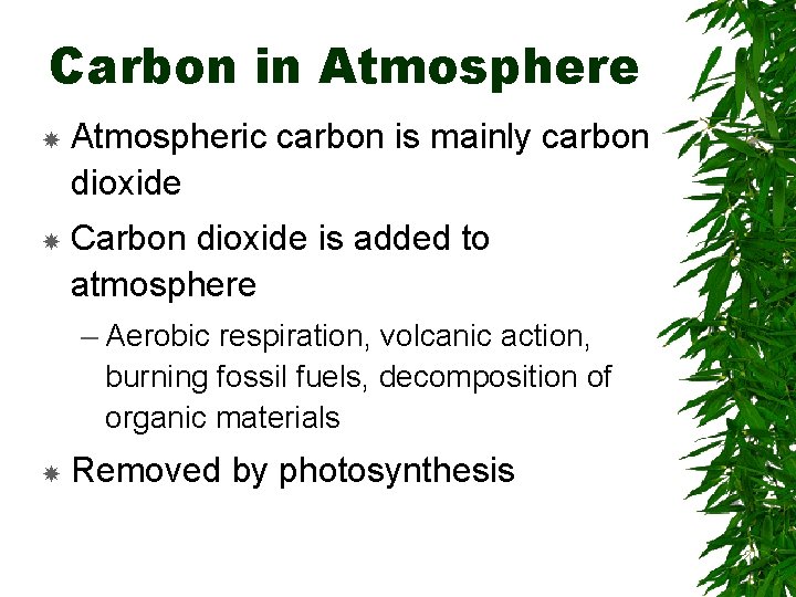 Carbon in Atmosphere Atmospheric carbon is mainly carbon dioxide Carbon dioxide is added to