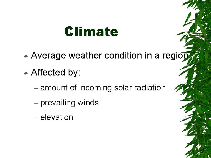 Climate Average weather condition in a region Affected by: – amount of incoming solar