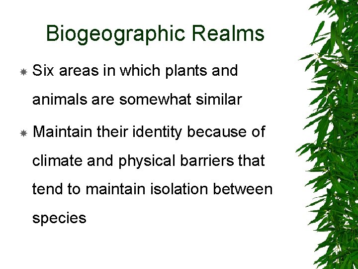 Biogeographic Realms Six areas in which plants and animals are somewhat similar Maintain their