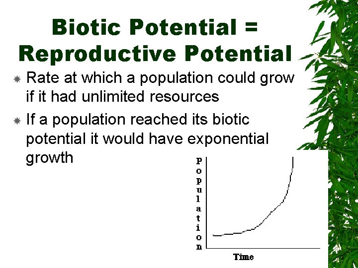 Biotic Potential = Reproductive Potential Rate at which a population could grow if it
