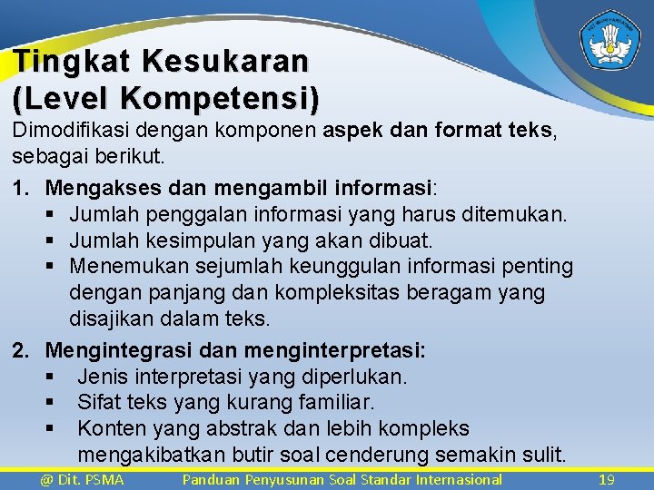 Tingkat Kesukaran (Level Kompetensi) Dimodifikasi dengan komponen aspek dan format teks, sebagai berikut. 1.