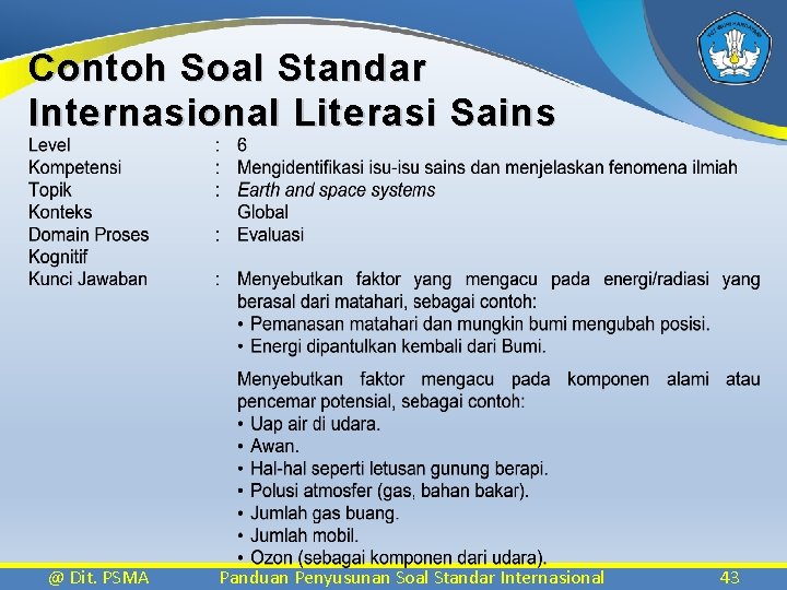 Contoh Soal Standar Internasional Literasi Sains @ Dit. PSMA Panduan Penyusunan Soal Standar Internasional