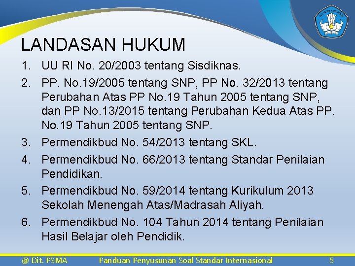 LANDASAN HUKUM 1. UU RI No. 20/2003 tentang Sisdiknas. 2. PP. No. 19/2005 tentang