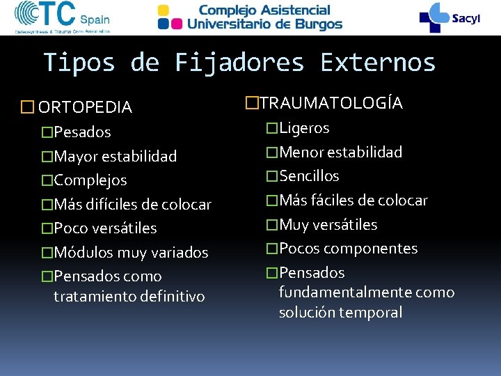 Tipos de Fijadores Externos � ORTOPEDIA �Pesados �Mayor estabilidad �Complejos �Más difíciles de colocar