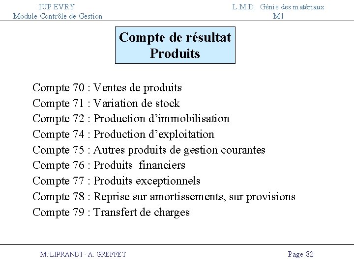 IUP EVRY Module Contrôle de Gestion L. M. D. Génie des matériaux M 1