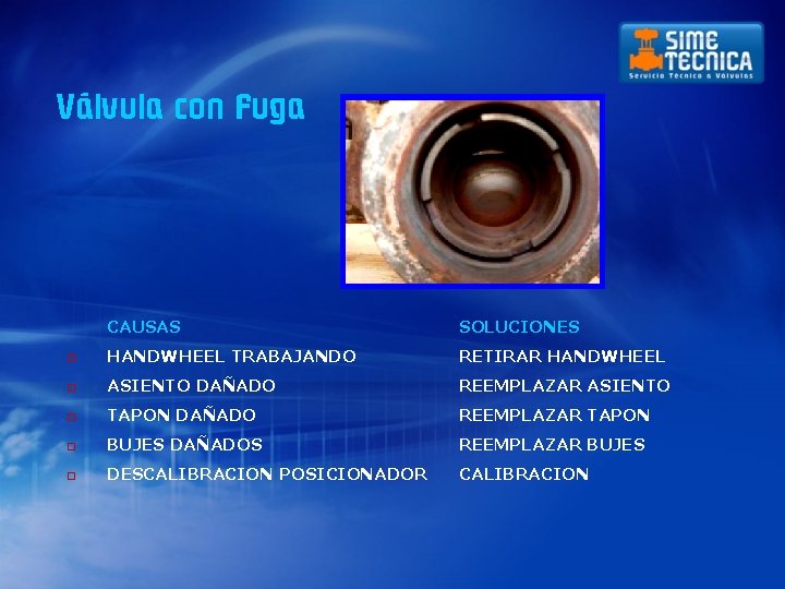 Válvula con Fuga CAUSAS SOLUCIONES o HANDWHEEL TRABAJANDO RETIRAR HANDWHEEL o ASIENTO DAÑADO REEMPLAZAR