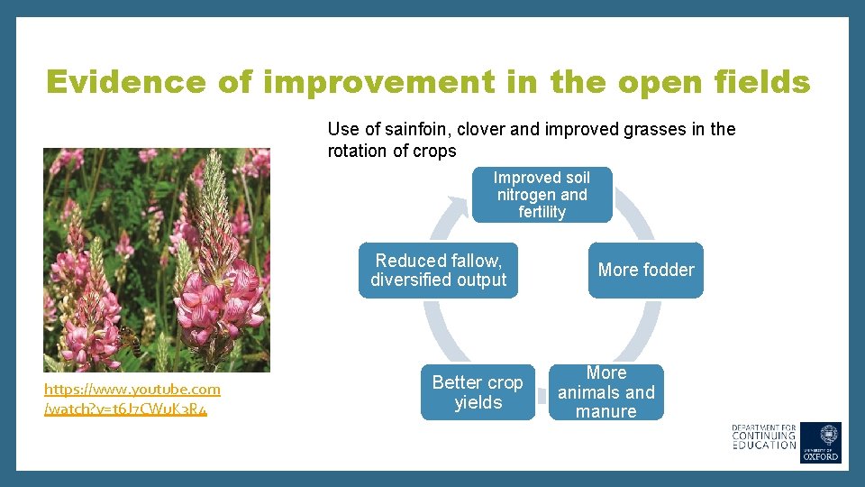 Evidence of improvement in the open fields Use of sainfoin, clover and improved grasses