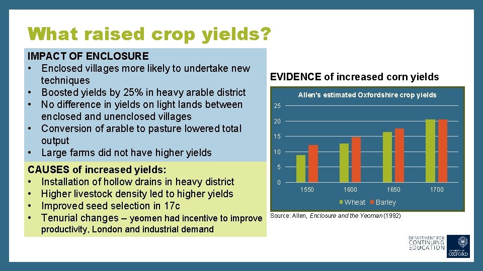 What raised crop yields? IMPACT OF ENCLOSURE • Enclosed villages more likely to undertake