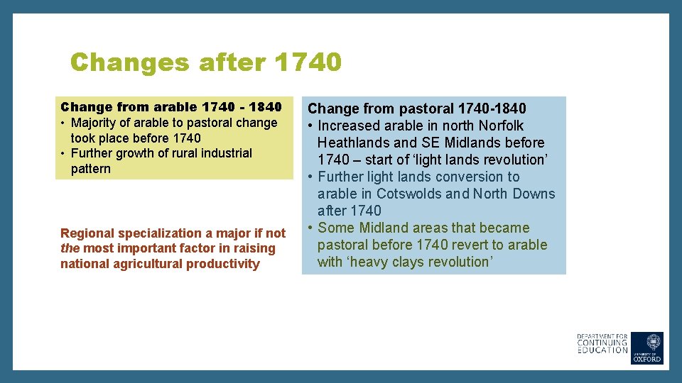 Changes after 1740 Change from arable 1740 - 1840 • Majority of arable to