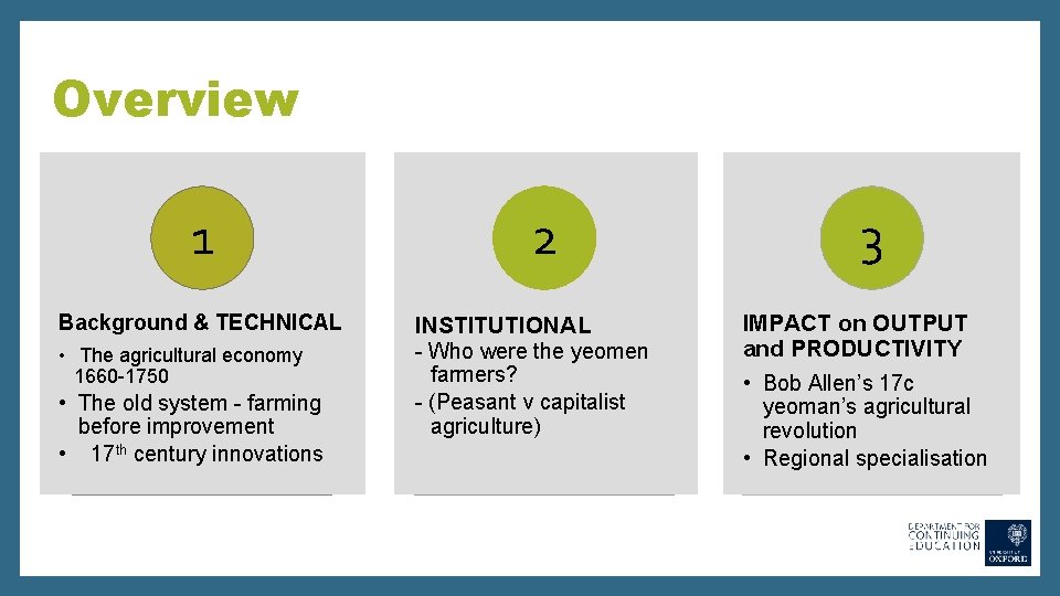 Overview 1 Background & TECHNICAL • The agricultural economy 1660 -1750 • The old