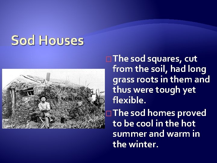 Sod Houses � The sod squares, cut from the soil, had long grass roots