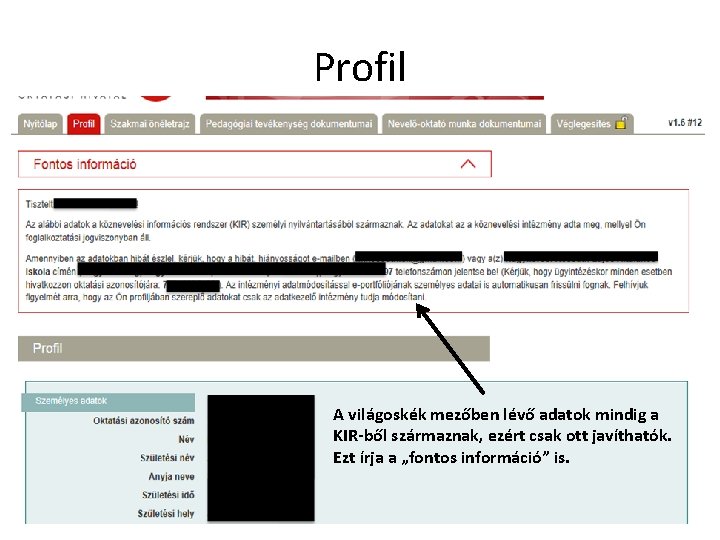 Profil A világoskék mezőben lévő adatok mindig a KIR-ből származnak, ezért csak ott javíthatók.