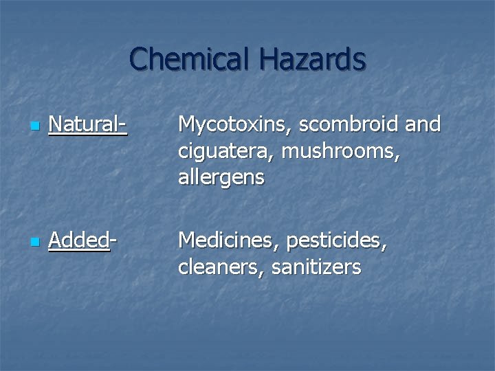 Chemical Hazards n Natural- Mycotoxins, scombroid and ciguatera, mushrooms, allergens n Added- Medicines, pesticides,