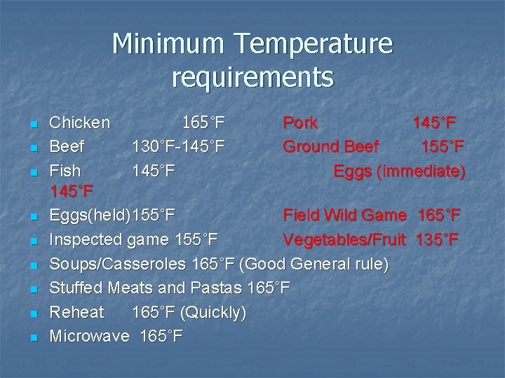 Minimum Temperature requirements n n n n n Chicken 165˚F Pork 145˚F Beef 130˚F-145˚F