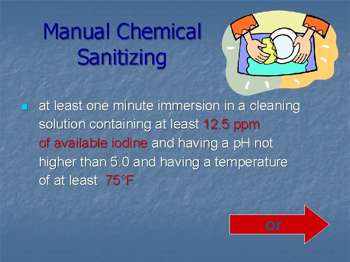 Manual Chemical Sanitizing n at least one minute immersion in a cleaning solution containing